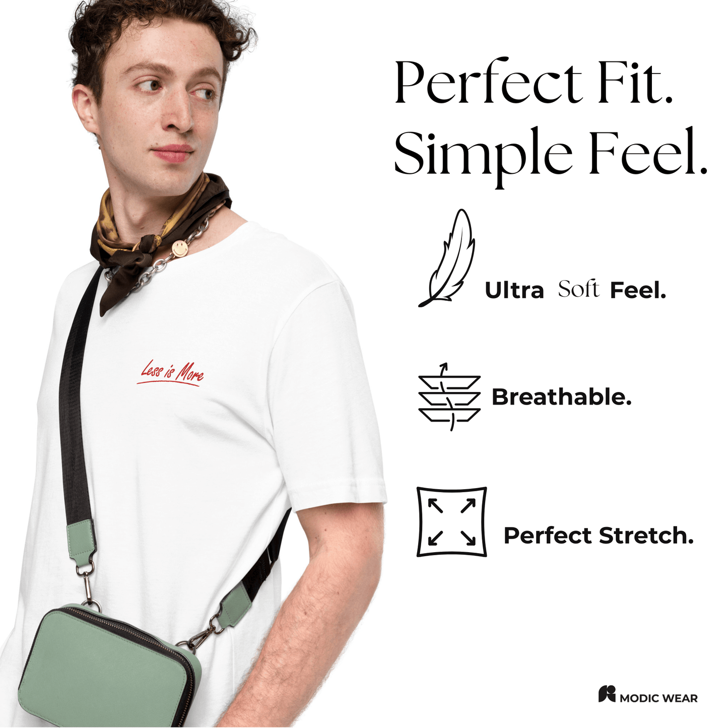 Model wearing a white 'Less is More' embroidered t-shirt, facing forward detail page
