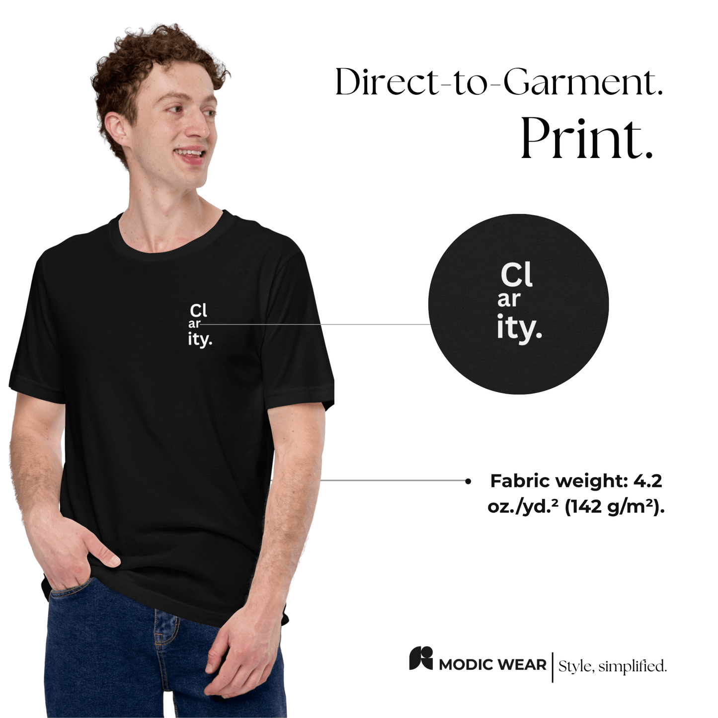 Model wearing Clarity unisex cotton t-shirt, showcasing direct-to-garment print and fabric details.