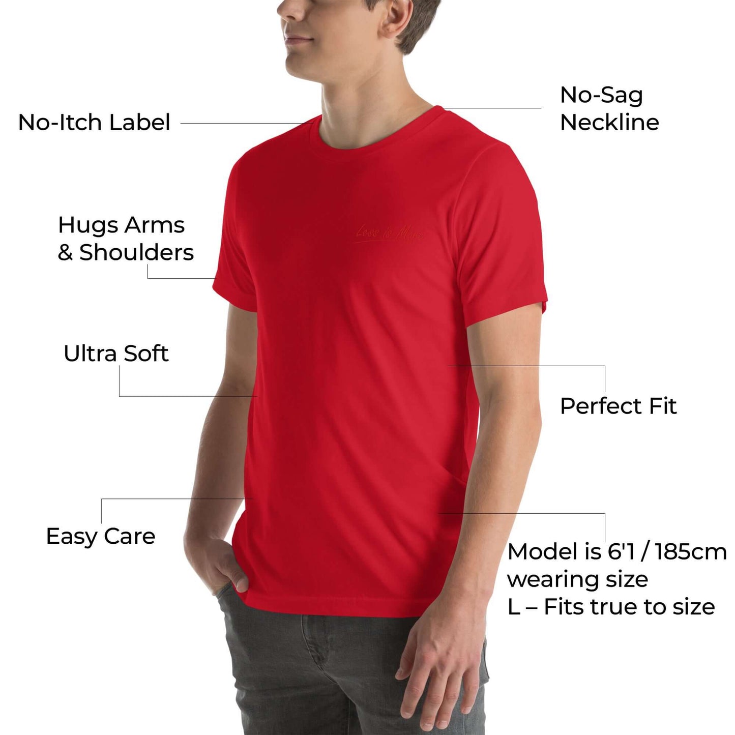 Side view of the model wearing the white 'Less is More' red t-shirt details
