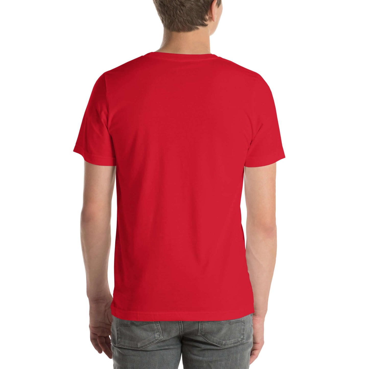 Model wearing a Red 'Less is More' embroidered t-shirt, facing backward.