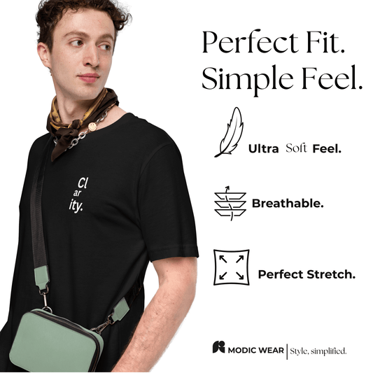 Model wearing Clarity Unisex Cotton T-shirt, showcasing its ultra-soft feel and perfect fit in a stylish setting.