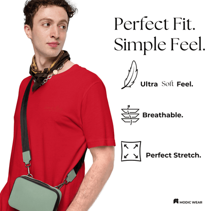 Model wearing a Red 'Less is More' embroidered t-shirt, facing forward detail 