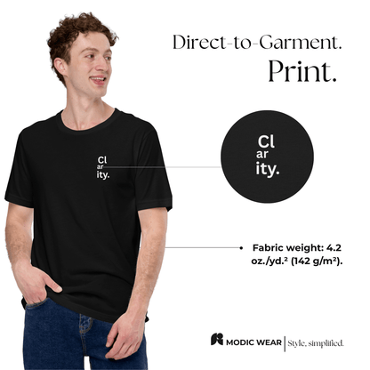 Model wearing Clarity unisex cotton t-shirt, showcasing direct-to-garment print and fabric details.