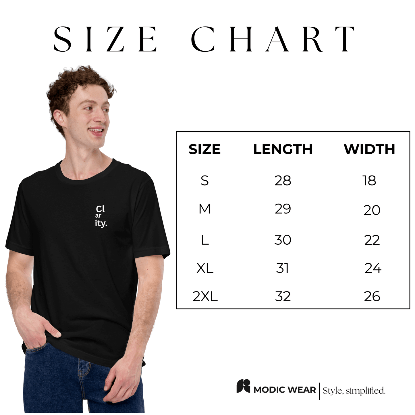 Clarity Unisex Cotton T-shirt size chart with dimensions for S, M, L, XL, and 2XL displayed.