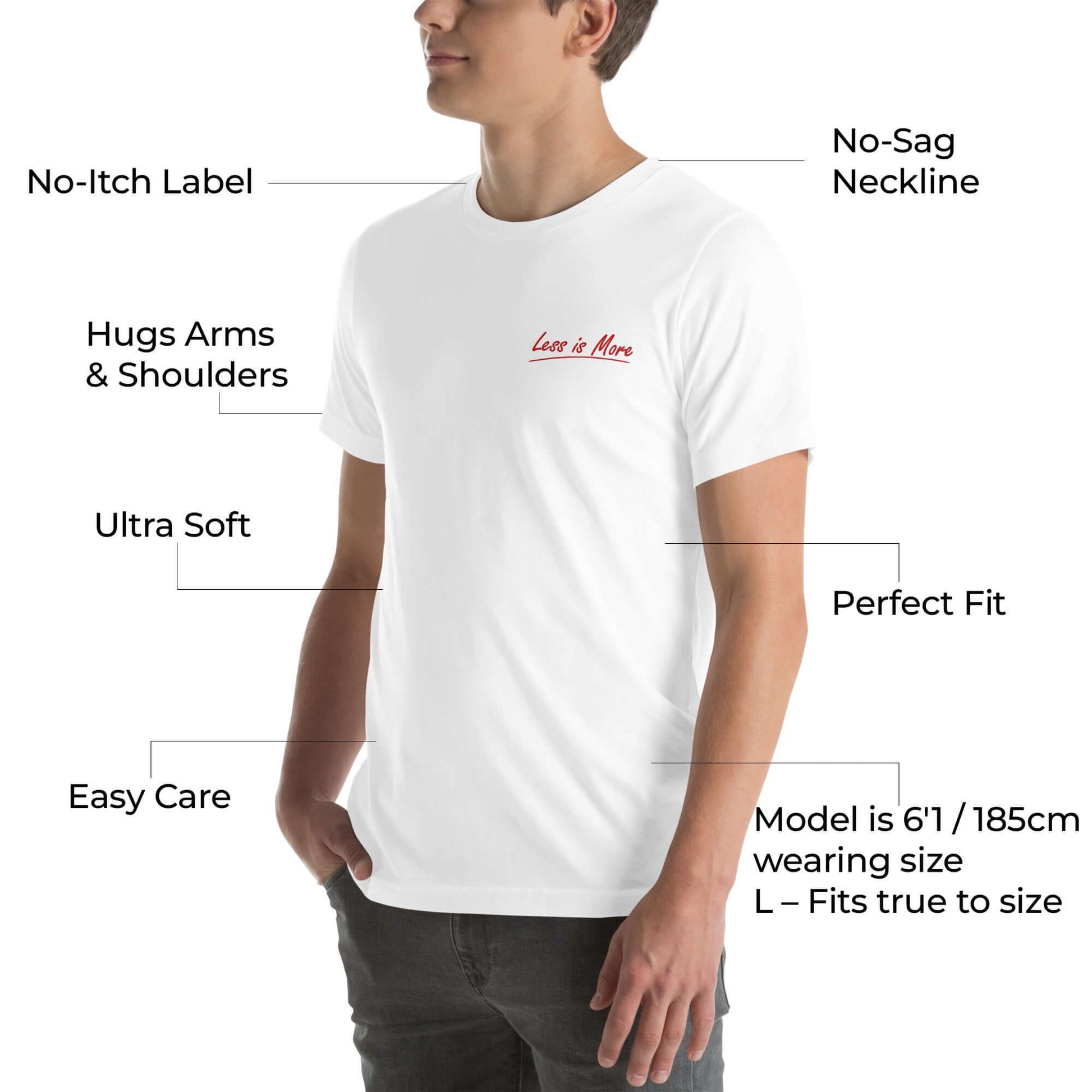 Side view of the model wearing the white 'Less is More' t-shirt detail 