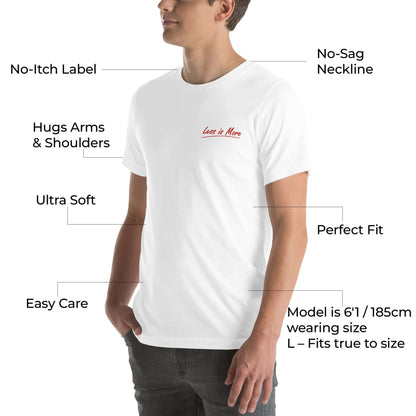 Side view of the model wearing the white 'Less is More' t-shirt detail 