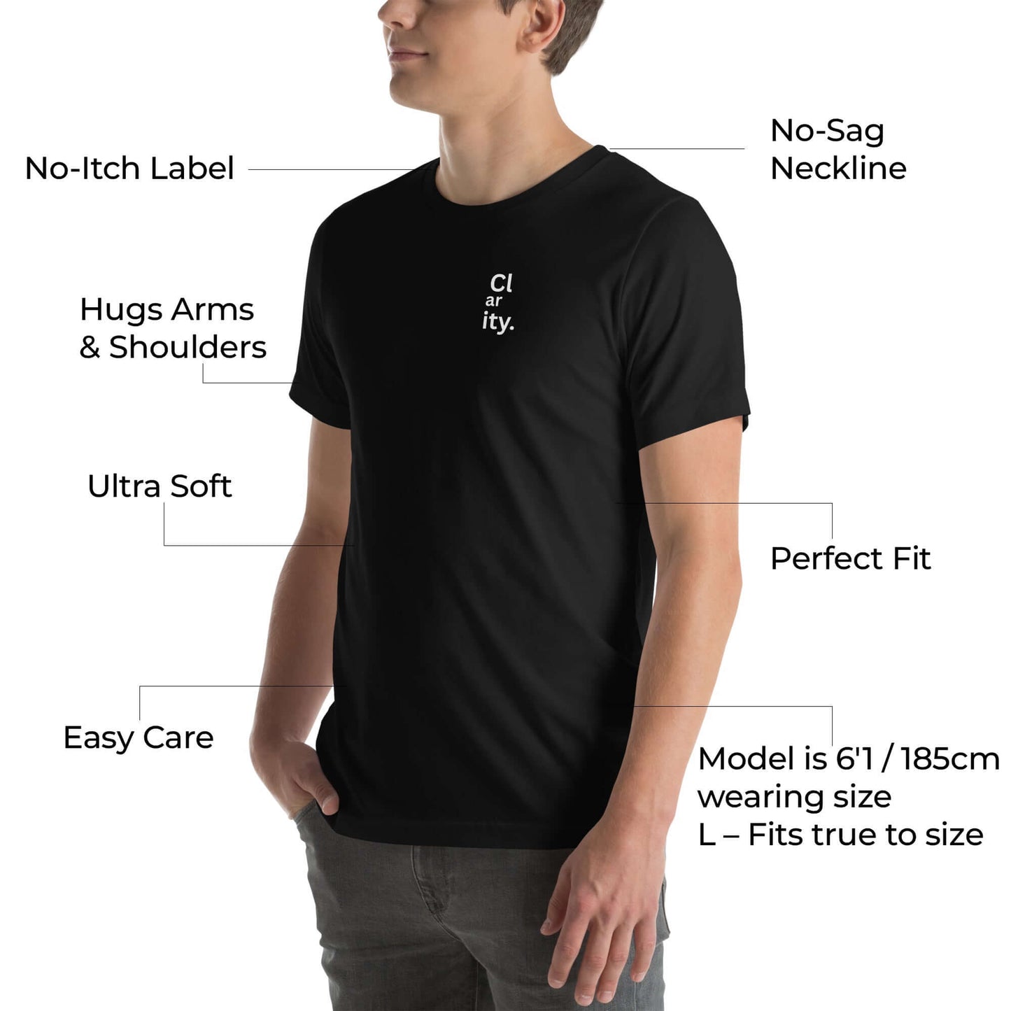 Model wearing Clarity unisex cotton t-shirt highlighting features like no-sag neckline and ultra-soft fabric.