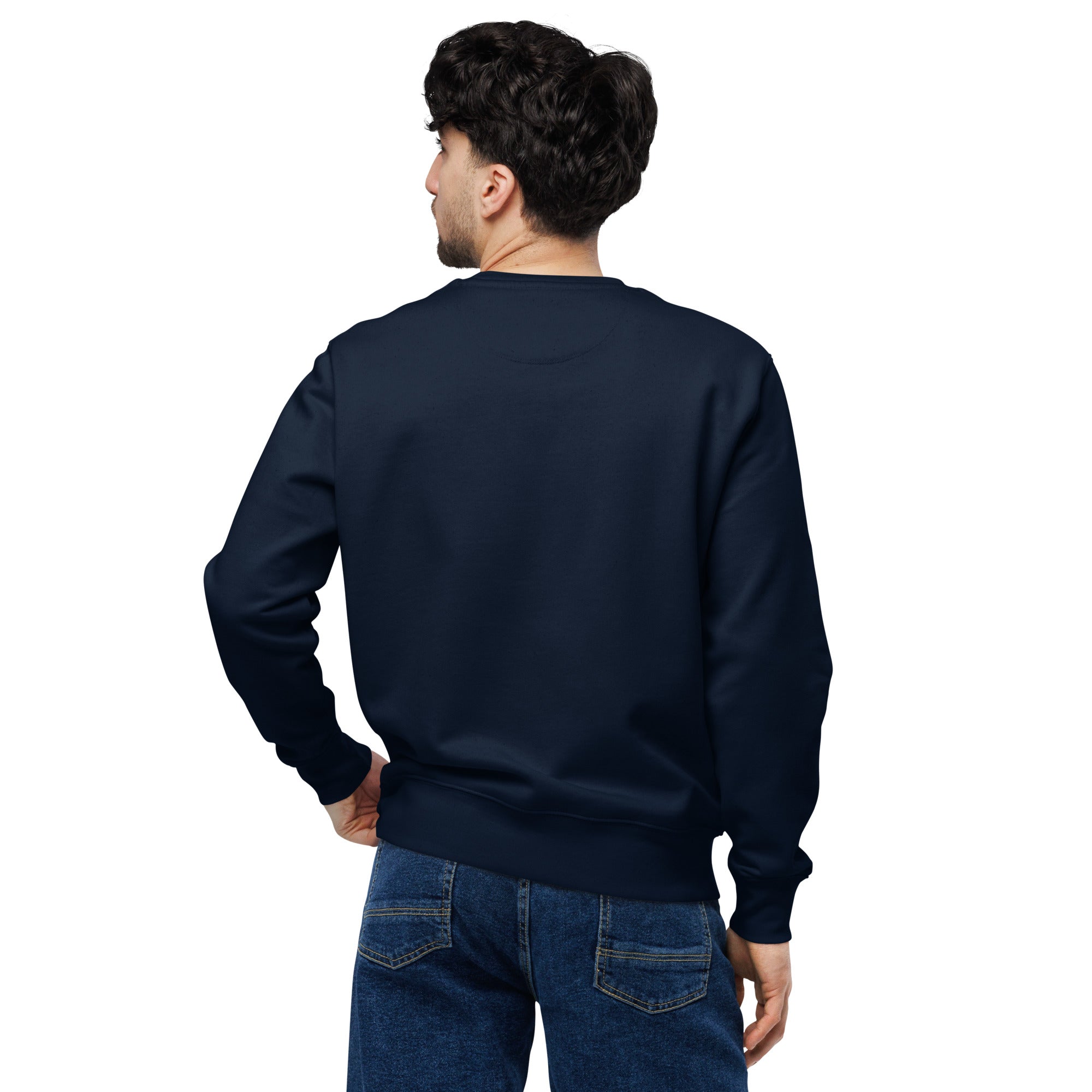 Back of men’s eco sweatshirt in solid Nevy Blue color – premium organic cotton fabric with clean finish