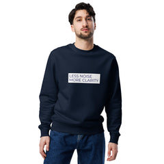 Men’s organic cotton sweatshirt with “Less Noise, More Clarity” text design – minimalist front view in nevy blue color