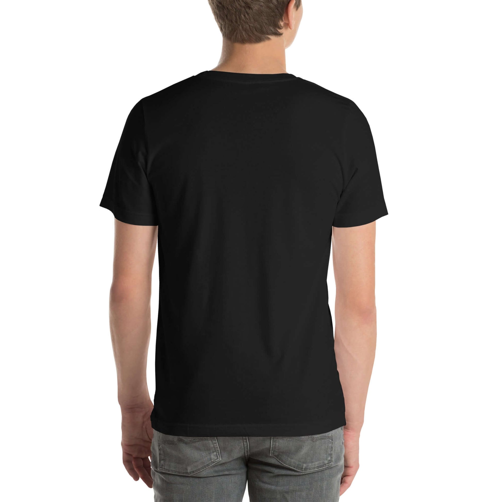 Back view of a black Clarity unisex cotton t-shirt, showcasing soft fabric and simple design.