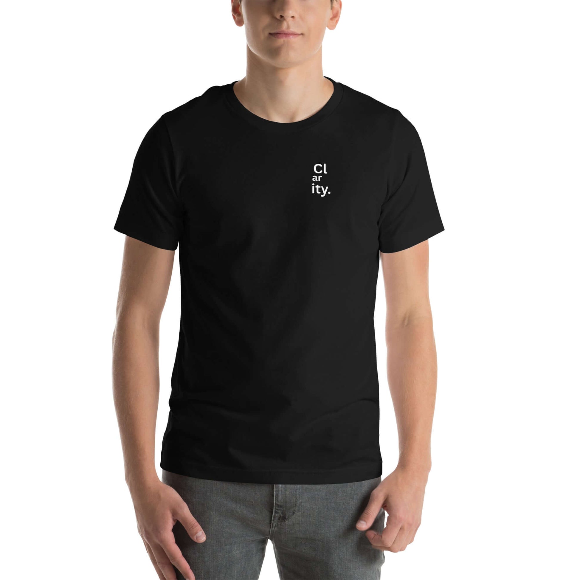 Black unisex cotton t-shirt with Clarity DTG print on the front, casual and stylish.