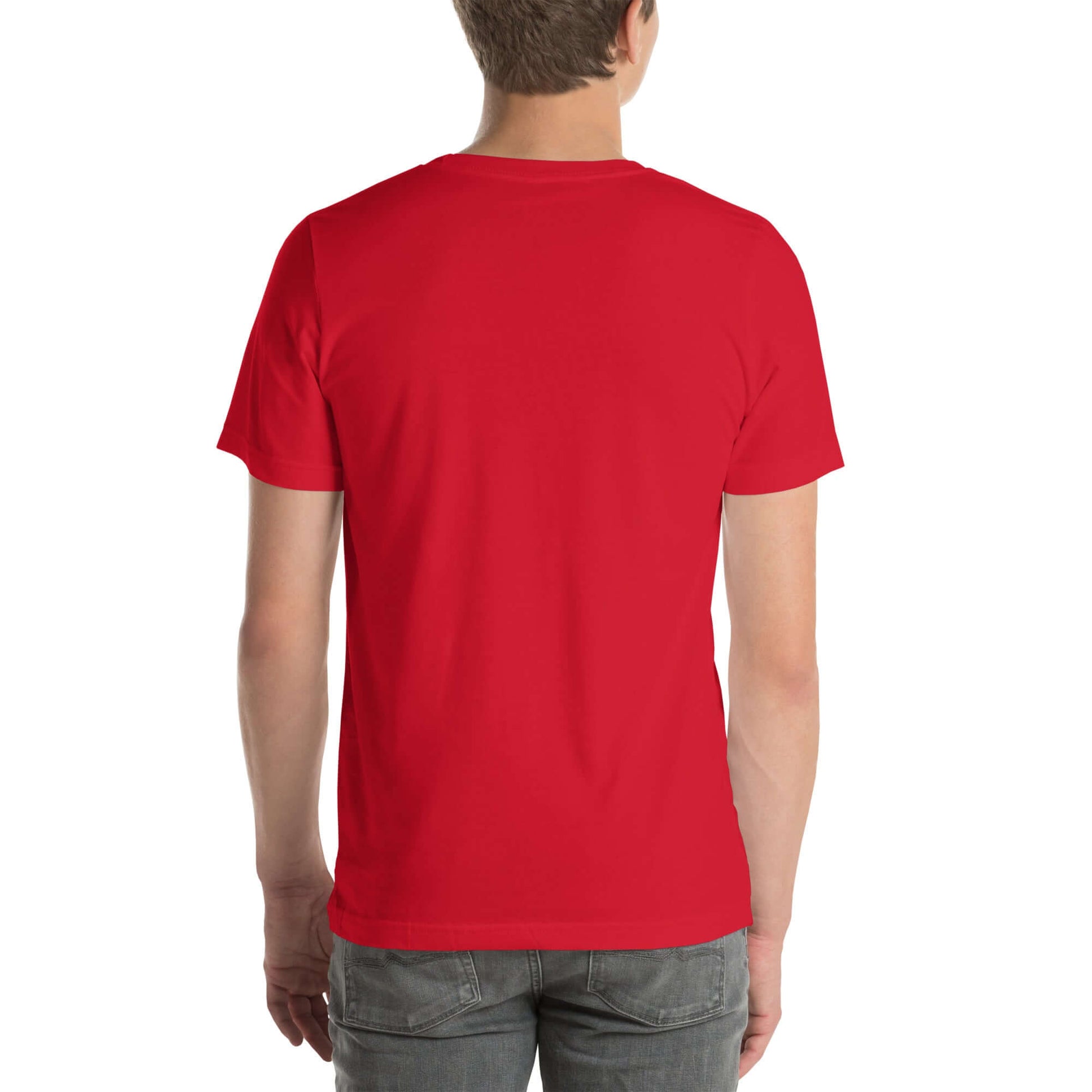 Model wearing a Red 'Less is More' embroidered t-shirt, facing backward.