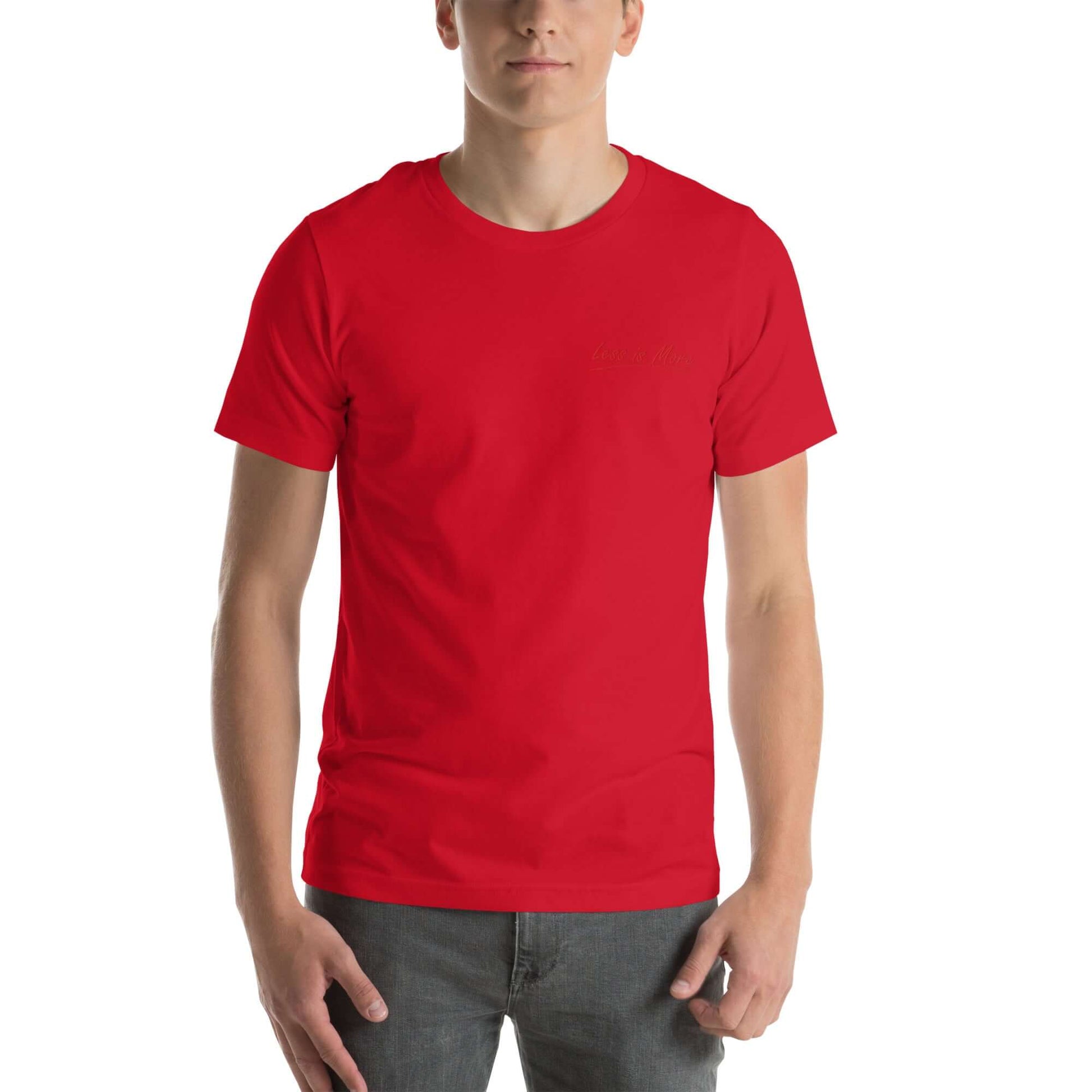 Model wearing a Red 'Less is More' embroidered t-shirt, facing forward.
