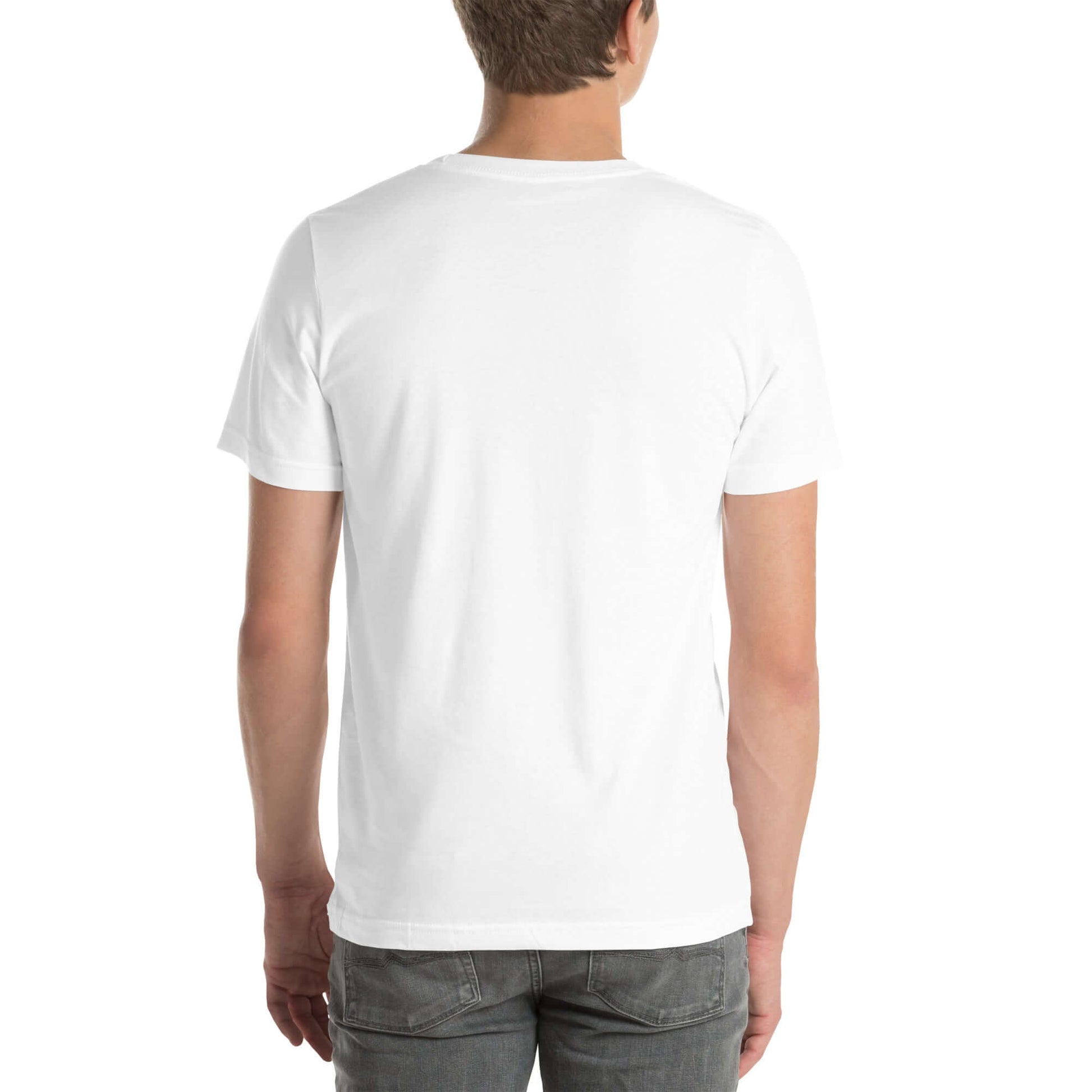 Model wearing a white 'Less is More' embroidered t-shirt, facing backward.